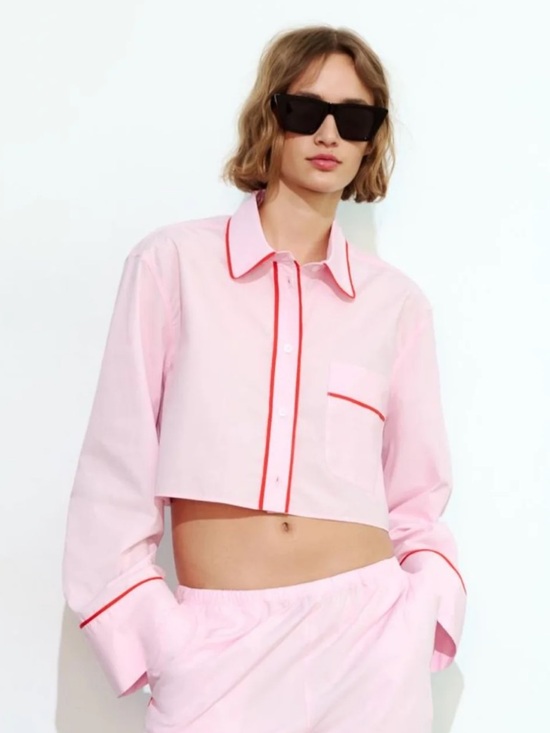 Zara Tops - Zara Cropped Pink Button-Up Top with Red Piping Size XS NWT